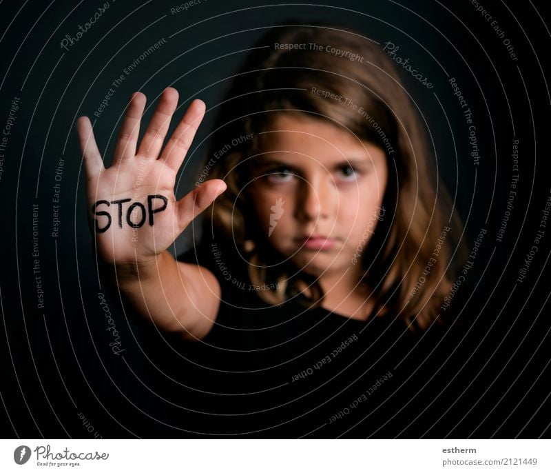 Angry girl showing hand signaling to stop violence Human being Feminine Girl Infancy 1 3 - 8 years Child Sign Signage Warning sign Sadness Cry Aggression
