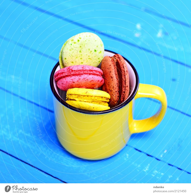 French cake Dessert Candy Cup Mug Table Gastronomy Wood Bright Delicious Above Blue Brown Yellow Green Pink Tradition colorful background Macaron sweet
