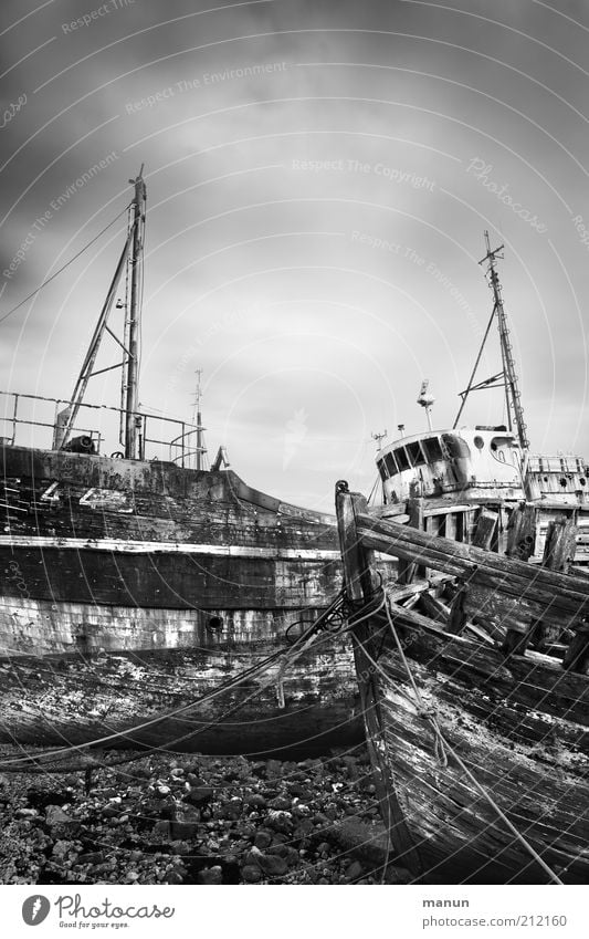 out of order Fishery Fishing port Harbour Navigation Fishing boat Wreck Old Broken Decline Transience Destruction Black & white photo Exterior shot Day Sunlight