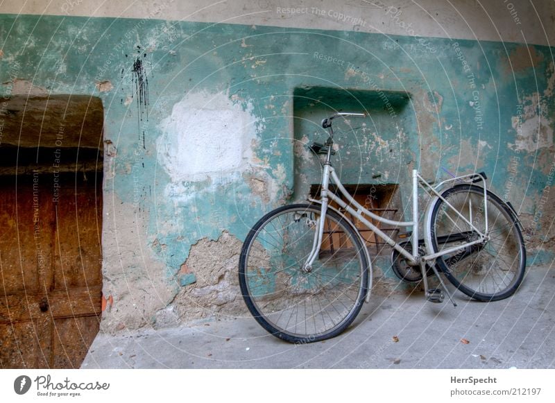 Saddleless Deserted Building Wall (barrier) Wall (building) Window Door Backyard Plaster Colour Bicycle Old Authentic Dirty Broken Brown Gray White Patina