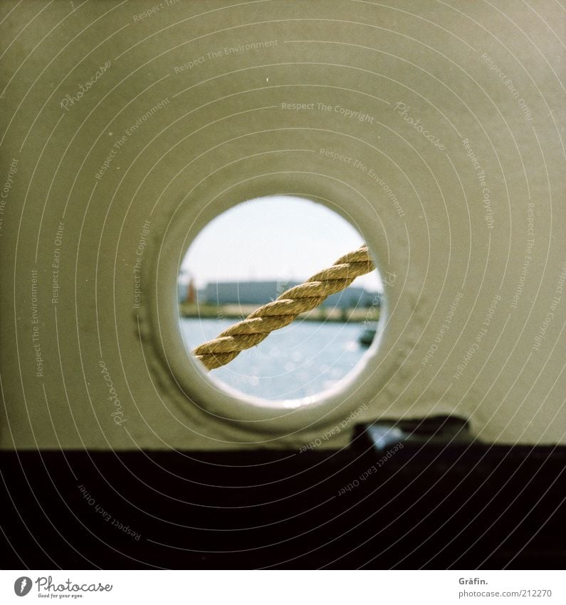 peephole Water Sky River bank Elbe Navigation Sailing ship Harbour Porthole On board Rope Discover Black White Curiosity Perspective Vacation & Travel Logistics