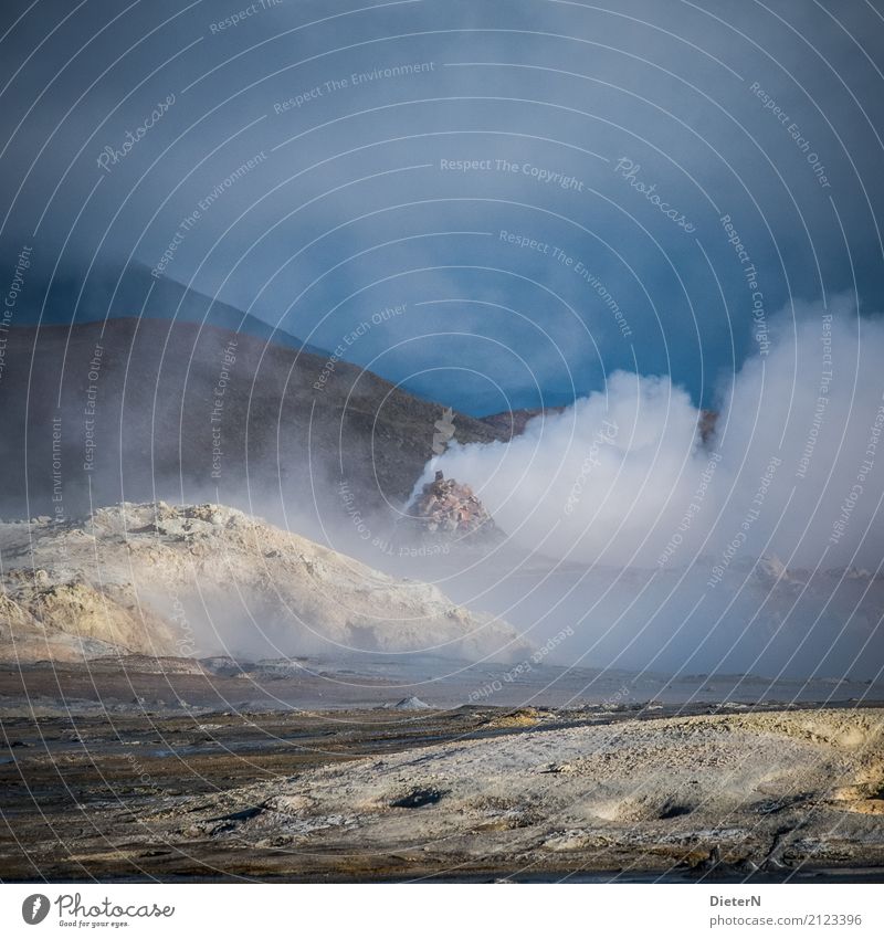 let off steam Environment Nature Landscape Elements Sand Fire Air Water Sky Clouds Weather Bad weather Hill Volcano Blue Yellow White Iceland Solfatarenfeld