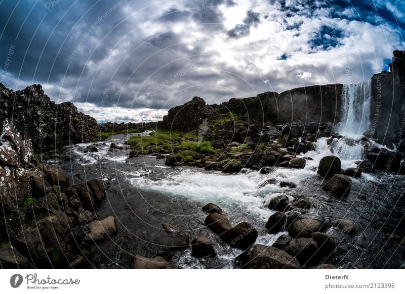 Þingvellir Environment Landscape Water Sky Clouds Summer Weather Beautiful weather Plant Grass Rock Canyon Waterfall Blue Green Black White Iceland Dramatic
