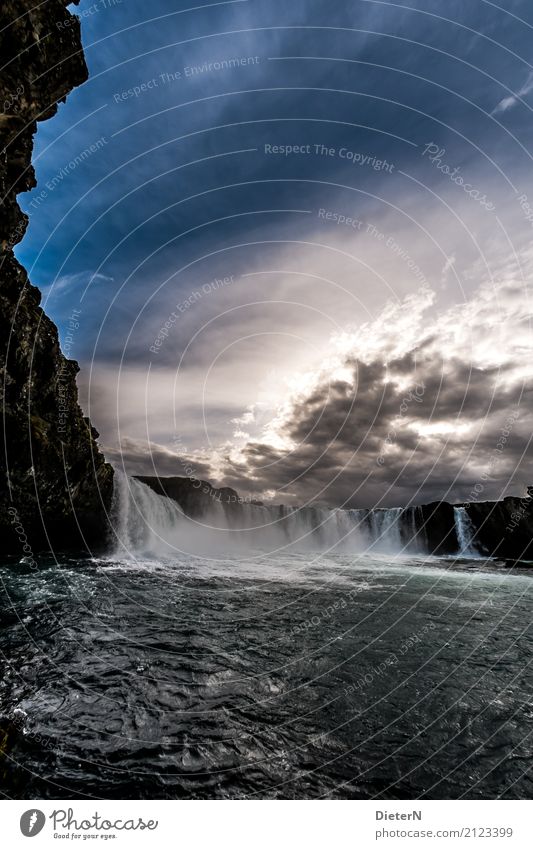 Godafoss III Environment Nature Landscape Water Sky Clouds Weather Rock Canyon Waves River bank Waterfall Blue Brown White Iceland Sun Sunset Colour photo