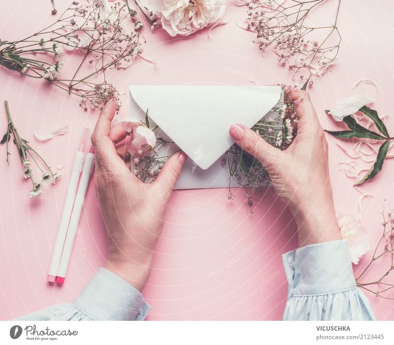 Female hands with flowers and envelope Style Design Decoration Feasts & Celebrations Mother's Day Wedding Birthday Mail Human being Feminine Woman Adults Hand