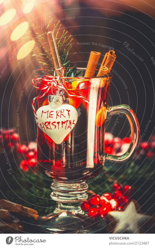 Glass of mulled wine with festive decoration Banquet Beverage Hot drink Mulled wine Lifestyle Style Design Winter Feasts & Celebrations Christmas & Advent