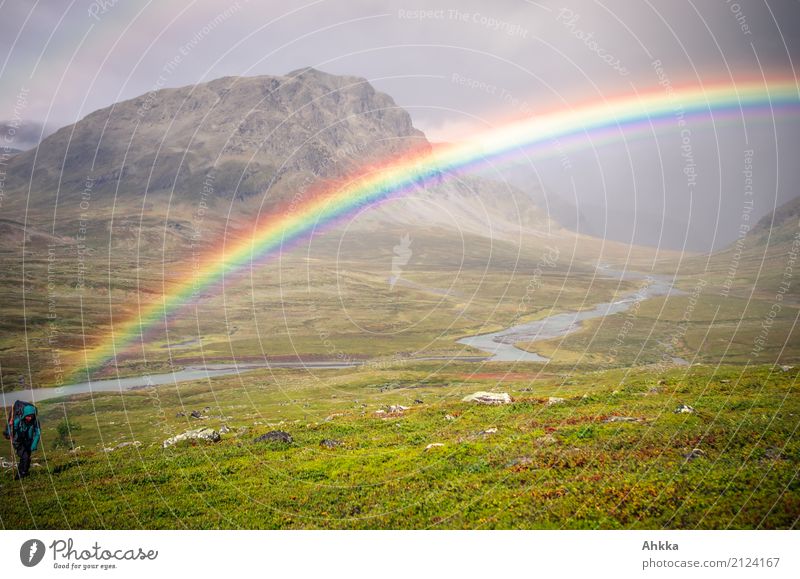 Man at the beginning of the rainbow, valley, panorama, rain Human being 1 Nature Landscape Elements Weather Mountain Lapland Rainbow Discover Communicate