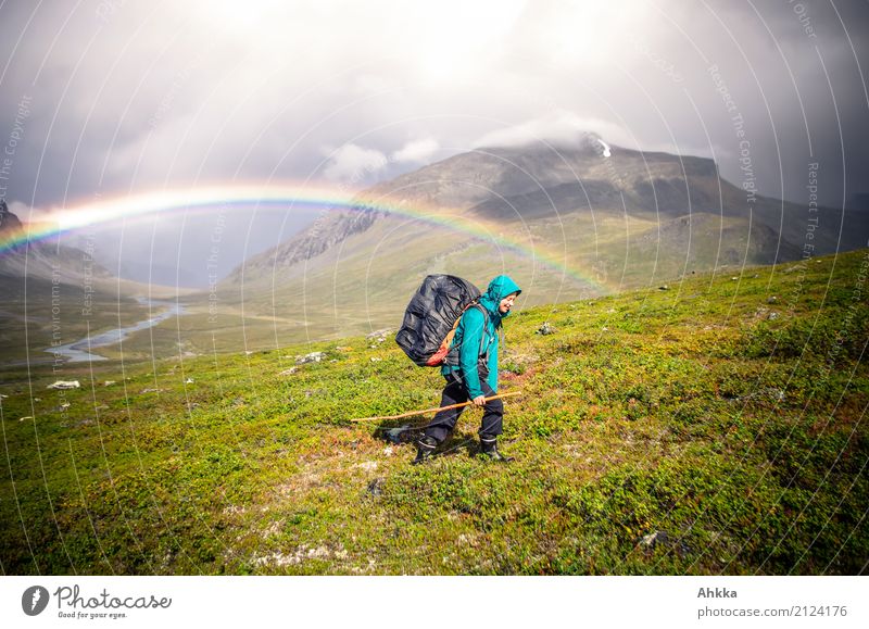 Rainbow, Young woman, Rain, Valley, Fjäll, Hiking, Adventure Human being Youth (Young adults) Nature Landscape Elements Storm Mountain Sweden Discover