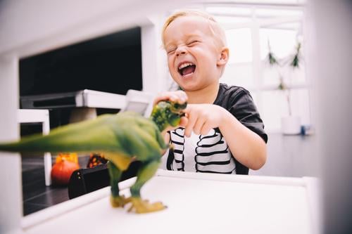 Little boy playing with dinosaur toys Joy Happy Leisure and hobbies Playing Child Boy (child) Toys Smiling Laughter Scream Funny Dinosaur little boy Offspring