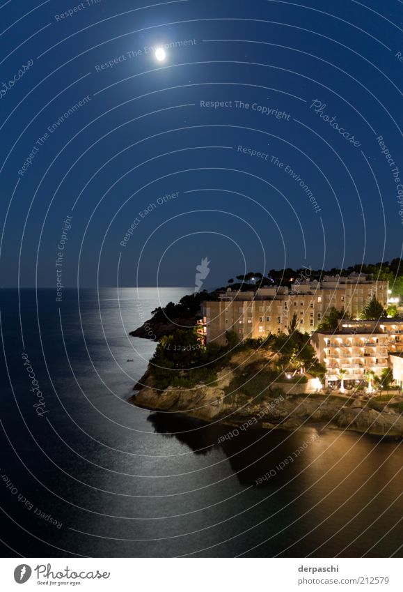 moon over cala vina Nature Air Water Sky Cloudless sky Night sky Stars Horizon Moon Full  moon Summer Beautiful weather Bay Ocean Majorca Building Dark Blue