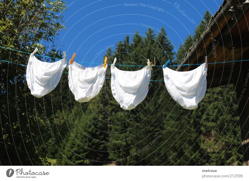 Underwear on the mountain pasture Summer Household Nature Landscape Cloudless sky Hut Roof Underpants Fragrance Relaxation Blue Green White Cleanliness Purity