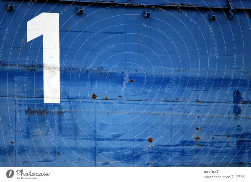 Number one. Metal Characters Digits and numbers Signs and labeling Sharp-edged Positive Blue White Colour Colour photo Exterior shot Detail Deserted
