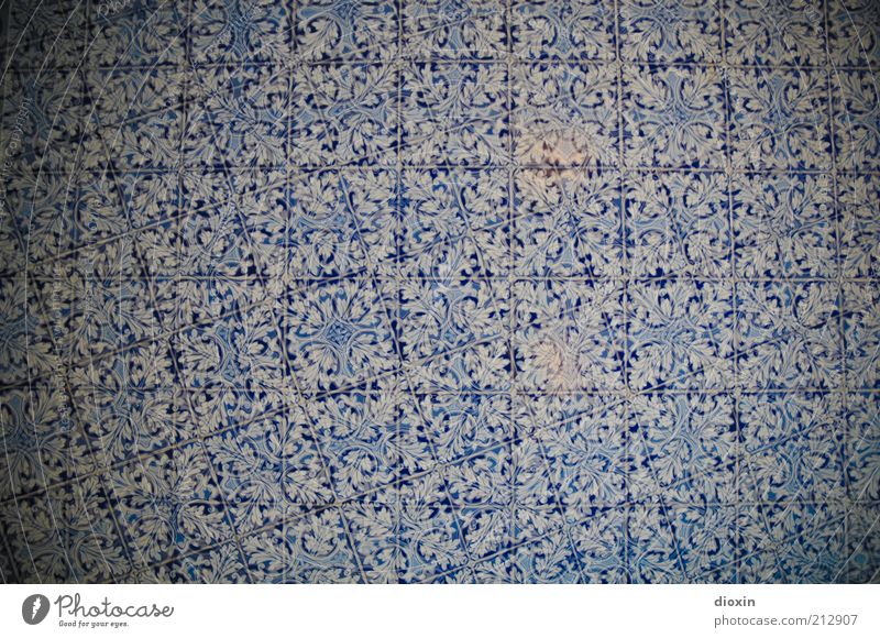 Azulejo Art Lisbon Wall (barrier) Wall (building) Facade Tile Glittering Cold Blue White Smoothness Mosaic Decoration Flowery pattern Seam Ornamental