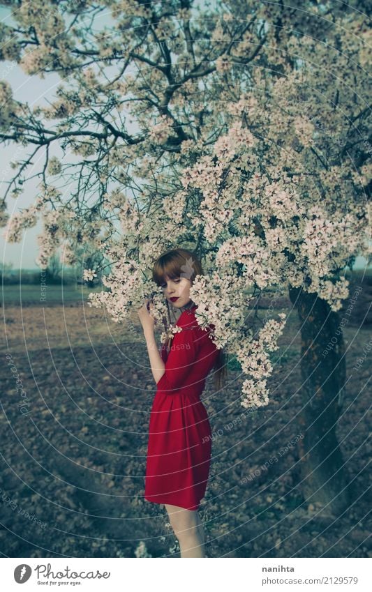 Young woman with red dress posing near a blossoming tree Elegant Style Harmonious Senses Relaxation Calm Fragrance Human being Feminine Youth (Young adults) 1