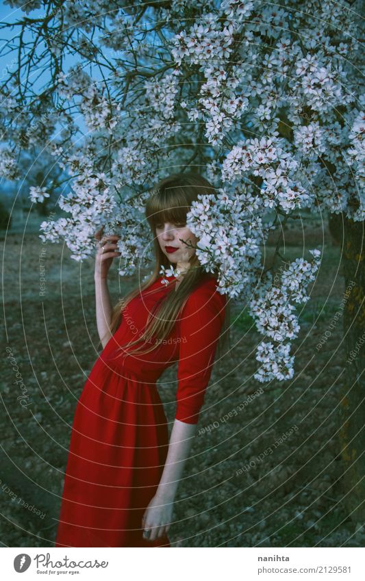 Young woman posing with a lot of white flowers Elegant Human being Feminine Youth (Young adults) 1 18 - 30 years Adults Art Environment Nature Earth Spring Tree