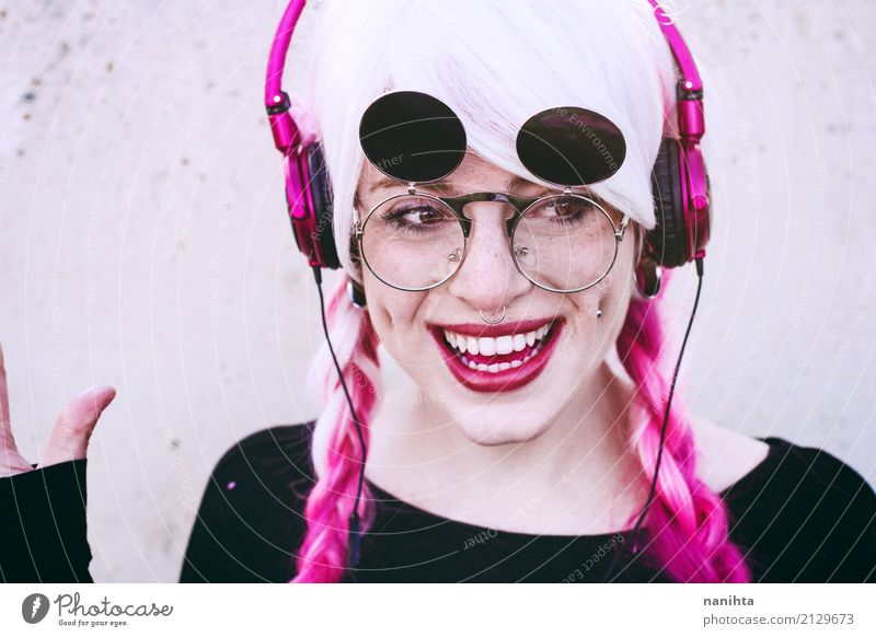 Young and happy woman with headphones Lifestyle Style Beautiful Freckles Party Feasts & Celebrations Human being Feminine Young woman Youth (Young adults) 1