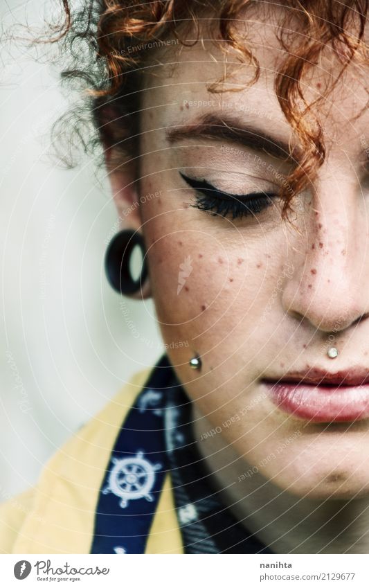 Half face of a redhead young woman Skin Face Freckles Human being Feminine Young woman Youth (Young adults) 1 18 - 30 years Adults Coat Piercing Earring