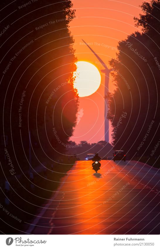 a sunrise on a country road with vehicle traffic Environment Landscape Sun Sunrise Sunset Weather Beautiful weather Transport Means of transport