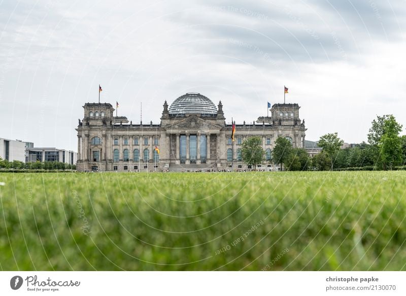 Berlin Reichstag building from a frog's eye view Architecture Bundestag Seat of government Government Palace Copy Space German Flag Deserted Landmark
