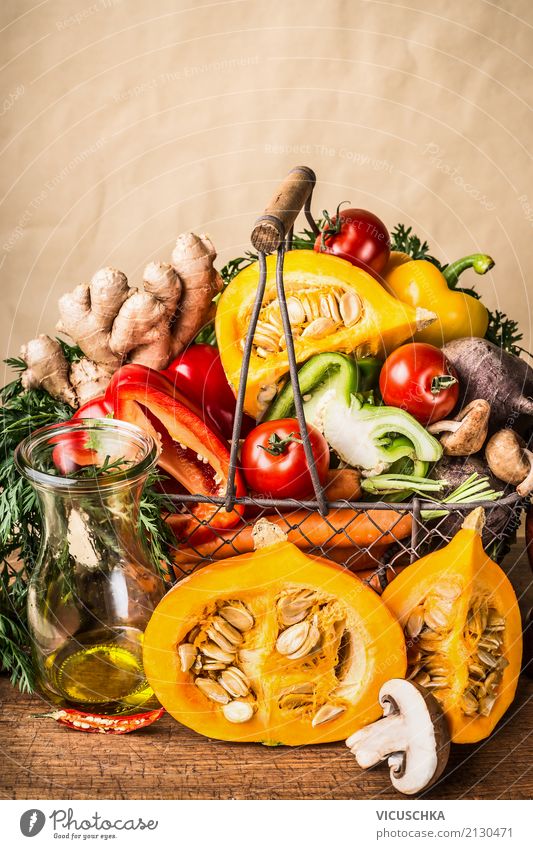 Basket with autumn vegetables Food Vegetable Nutrition Shopping Style Design Healthy Eating Table Thanksgiving Yellow Inspiration Background picture Still Life