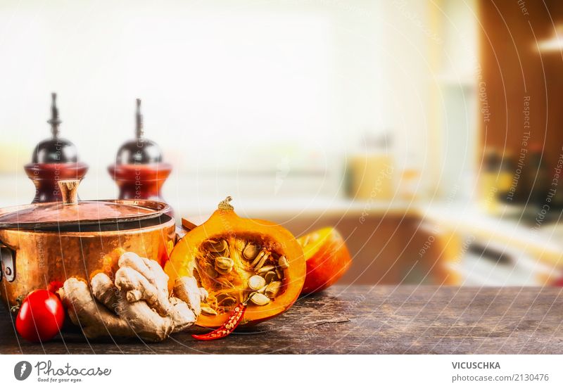 Pumpkin and pot on kitchen table Food Vegetable Herbs and spices Nutrition Organic produce Vegetarian diet Diet Pot Style Design Healthy Eating Life