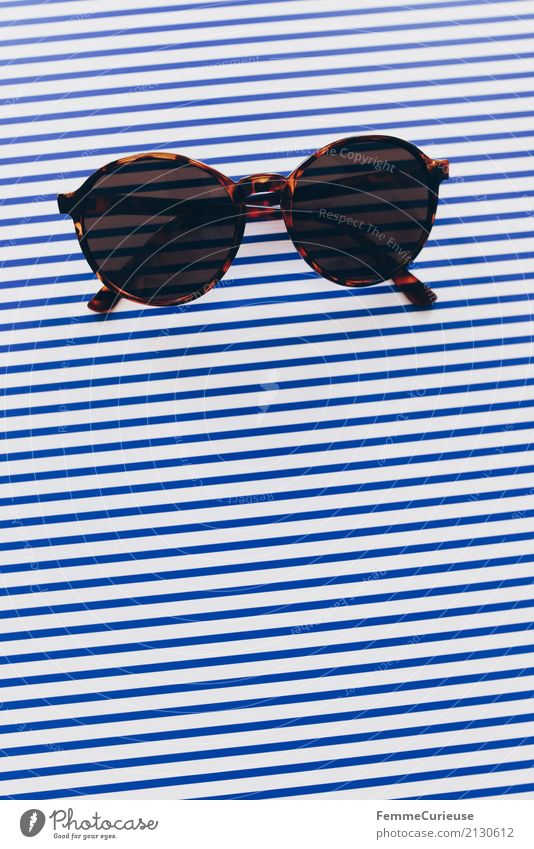 Sunglasses / Super Still Life (03) Paper Piece of paper Blue Striped Brown Summer Summery Bird's-eye view Geometry Structures and shapes Design Play of colours