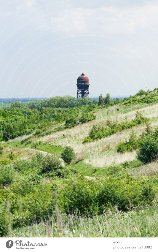 LanstroperEi Landscape Air Clouds Spring Grass Bushes Wild plant Hill Germany Water tower Tall Cold Blue Brown Green White Curiosity Storage Far-off places far