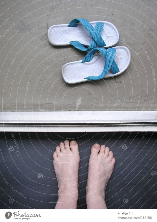 fear of entering a new world Human being Woman Adults Legs Feet 1 Footwear Flip-flops Stand Blue Gray White Beach shoes Doorstep Carpet Toes Wait Dividing line