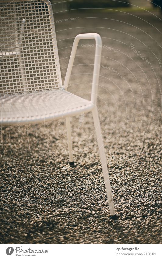 resting place Deserted Terrace Garden Chair Garden chair Gravel Pebble Exterior shot Day Shallow depth of field Metal Gloomy White Retro Old Sunlight Shadow