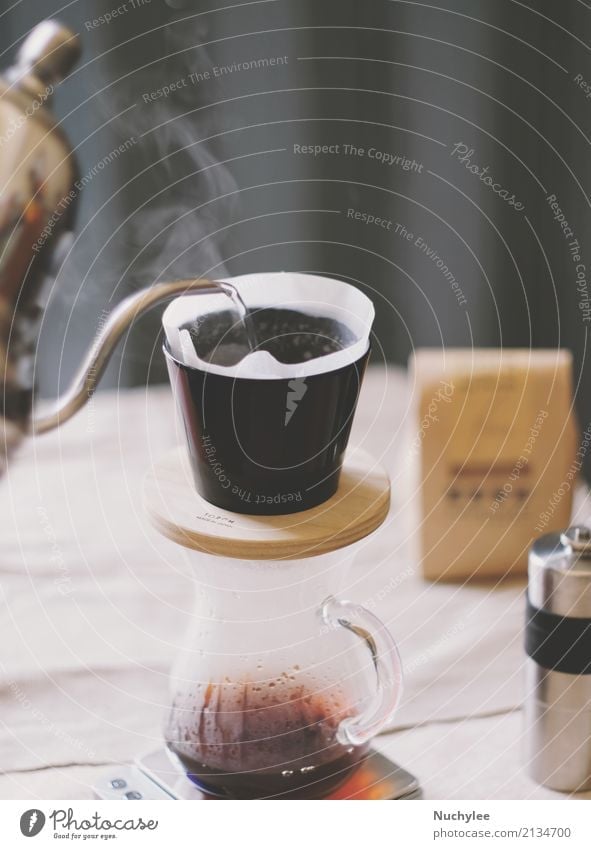 Hand drip coffee, pouring water on coffee ground with filter drip style fresh table caffeine arabica aroma aromatic artisan background beverage break breakfast