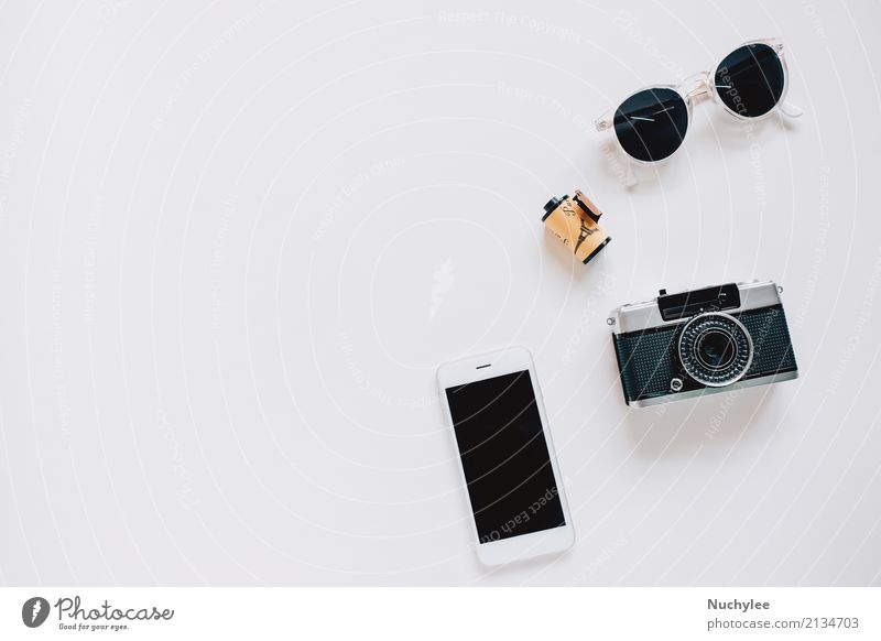 Creative Flat lay with camera, sunglasses and smartphone Lifestyle Style Design Joy Vacation & Travel Summer Decoration Telephone Cellphone PDA Camera