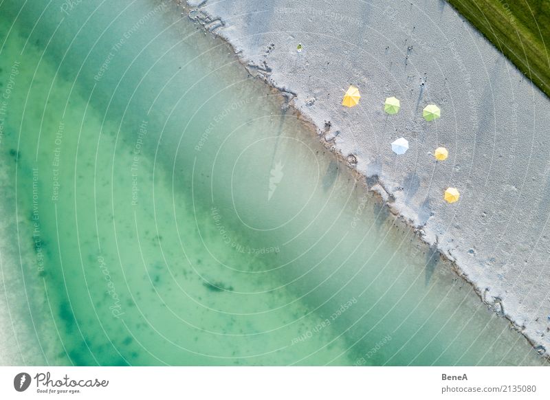 Beach and parasols on a lake from the air Joy Relaxation Vacation & Travel Tourism Trip Summer Summer vacation Sun Sunbathing Ocean Waves Swimming & Bathing