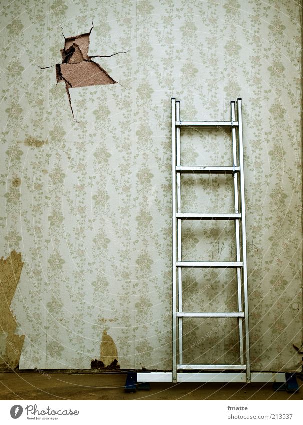 ladder Wallpaper Construction site Craft (trade) Ladder Wall (barrier) Wall (building) Sign Old Living or residing Old building Redevelop Hollow Colour photo