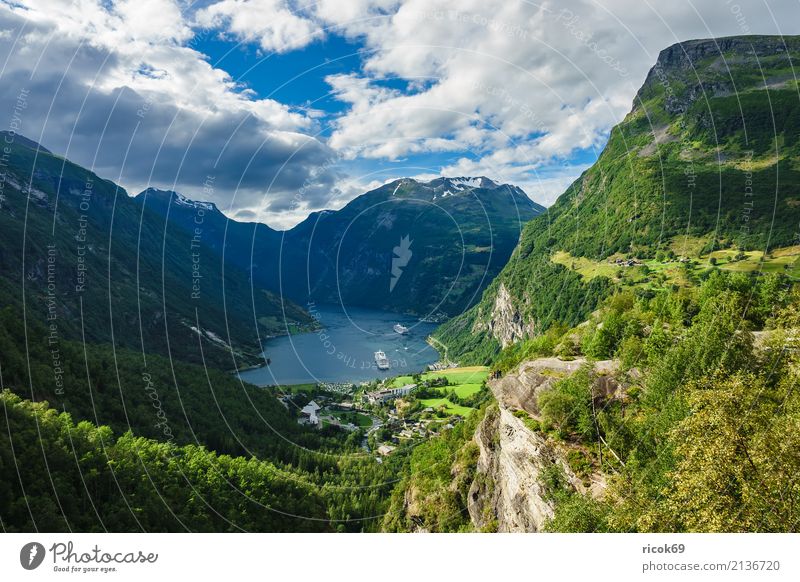 View of the Geirangerfjord in Norway Relaxation Vacation & Travel Tourism Cruise Mountain Nature Landscape Water Clouds Rock Fjord Tourist Attraction Idyll