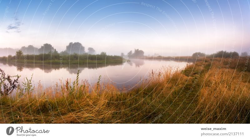 Foggy river in the morning. Panorama. Warm summer morning Vacation & Travel Tourism Trip Far-off places Freedom Expedition Camping Summer Summer vacation Beach