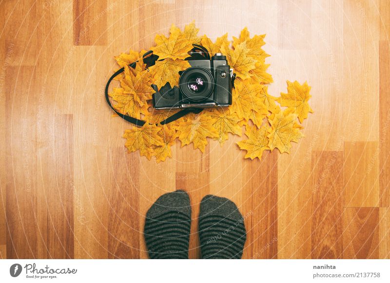 Feet in front of an analog camera and autumn leaves Lifestyle Leisure and hobbies Camera Photography Photographer Analog Human being 1 18 - 30 years