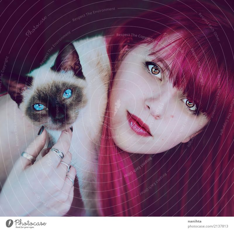 Young woman with her siamese cat Human being Feminine Youth (Young adults) 1 18 - 30 years Adults Ring Red-haired Long-haired Animal Pet Dog Animal face