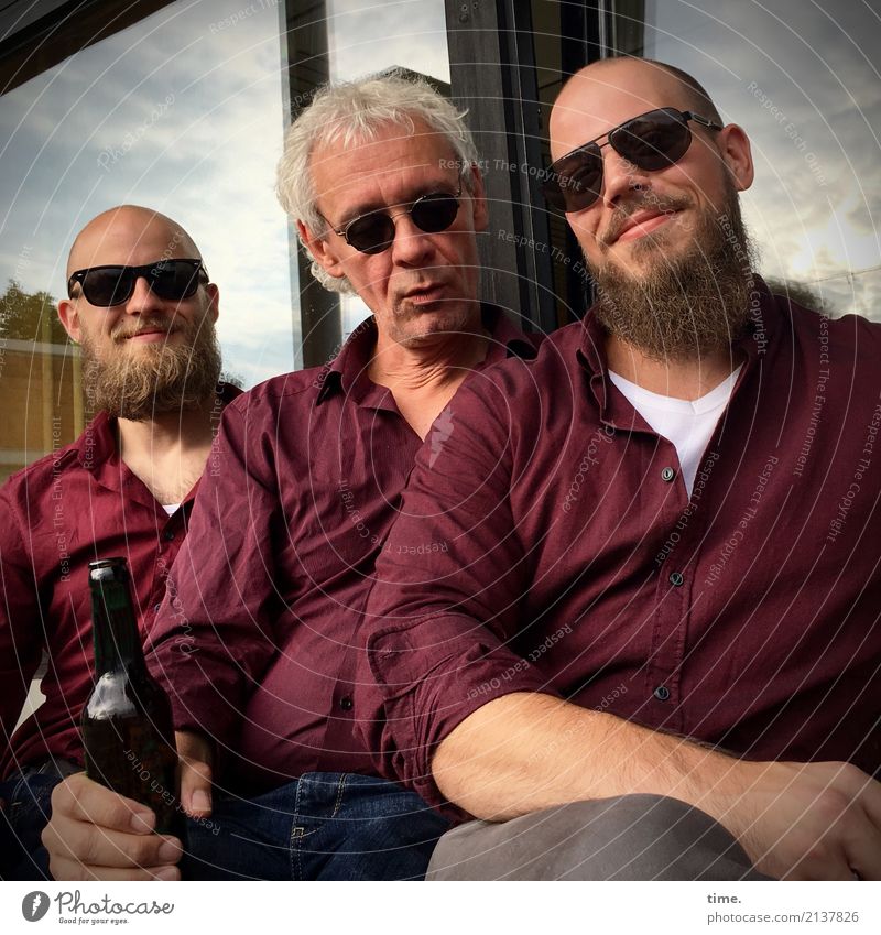 Sound to sound. Sound to sound. Bottle Masculine Man Adults 3 Human being Window Shirt Sunglasses Blonde Gray-haired Beard Observe To hold on Looking Sit
