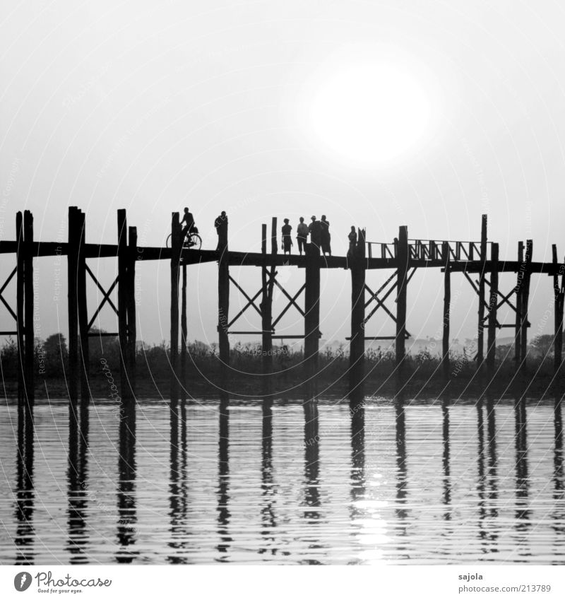 Building bridges Cycling Human being Group Environment Landscape Amarapura Myanmar Asia Bridge Wooden bridge Driving Going Looking Esthetic Emotions Moody