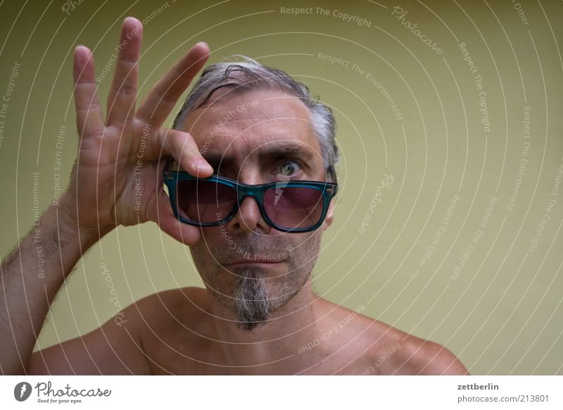 view into the camera Man Adults Face Facial hair 45 - 60 years Eyeglasses Sunglasses Gray-haired Short-haired Part Whimsical Amazed Goatee Marvel Skeptical