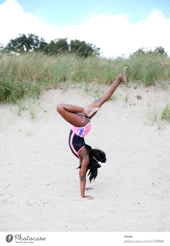 Handstand on the sandy beach Sports Fitness Sports Training Gymnastics Feminine Girl 1 Human being Sand Sky Hill coast Beach Baltic Sea duene Black-haired