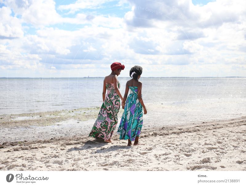 Arabella and Gloria Feminine Girl Woman Adults 2 Human being Sand Sky Clouds Horizon Summer Beautiful weather Coast Beach Baltic Sea Dress Headscarf