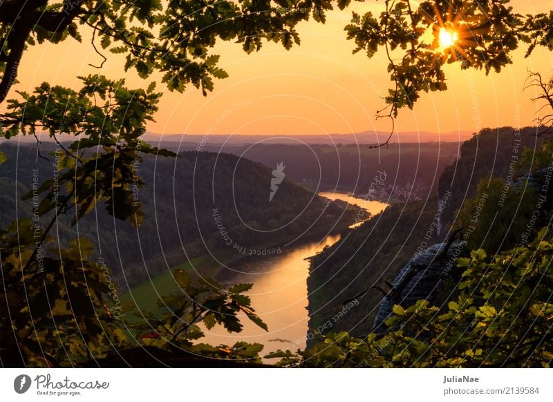 Sunset over the Elbe in the Elbe Sandstone Mountains Elbsandstone mountains Elbsandstein region Saxon Switzerland voyage Travel photography Saxony Germany