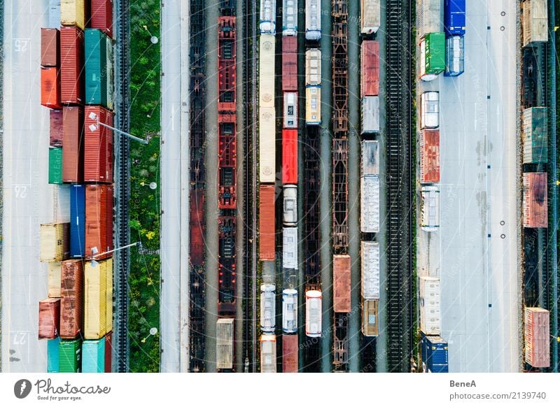 Freight trains and freight containers in a container terminal Economy Industry Trade Logistics Business Transport Means of transport Traffic infrastructure