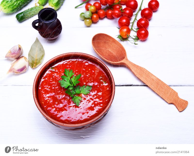 Soup gazpacho in a brown plate Vegetable Stew Herbs and spices Nutrition Lunch Dinner Vegetarian diet Diet Plate Spoon Summer Table Kitchen Wood Fat Fresh