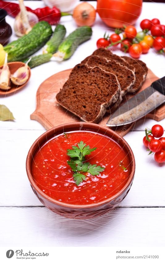 Soup gazpacho in a brown plate Vegetable Bread Stew Herbs and spices Nutrition Lunch Dinner Vegetarian diet Diet Plate Table Kitchen Wood Fat Fresh Delicious