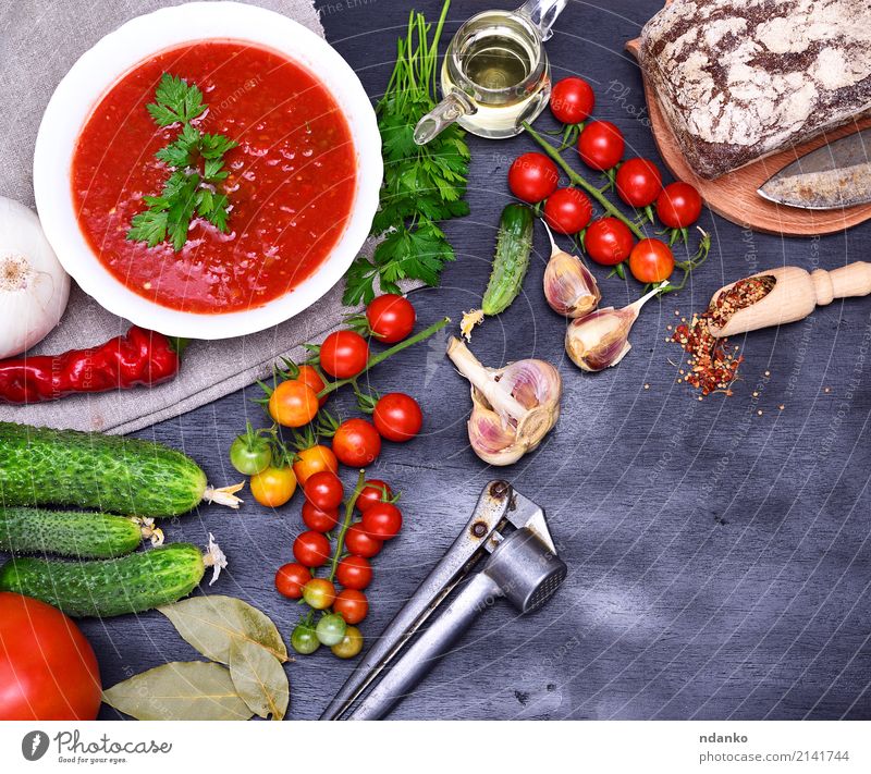 Gazpacho spanish cold soup Food Vegetable Bread Soup Stew Herbs and spices Nutrition Lunch Dinner Vegetarian diet Diet Plate Summer Table Kitchen Wood Fat Fresh