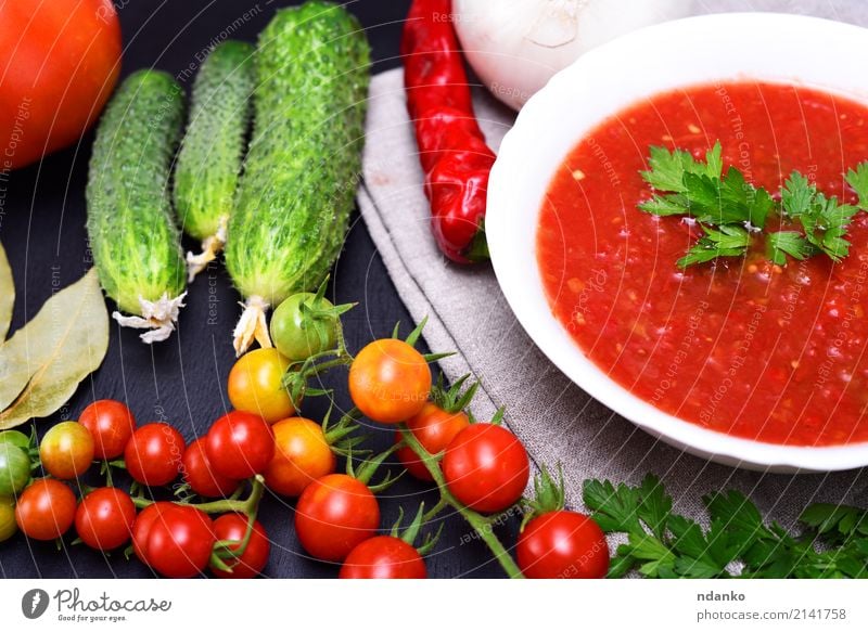 Cold summer soup gazpacho Vegetable Soup Stew Herbs and spices Nutrition Lunch Dinner Vegetarian diet Diet Plate Summer Table Kitchen Wood Fat Fresh Delicious