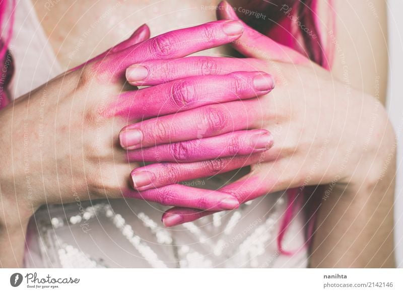 Young woman's hands joined and painted with pink Style Design Make-up Human being Feminine Youth (Young adults) Hand Fingers 1 18 - 30 years Adults Art