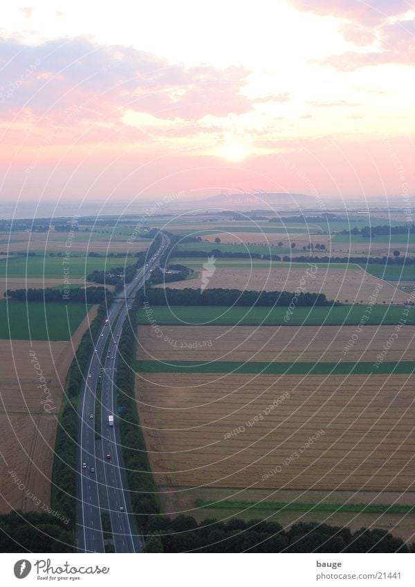 Sunrise over the motorway Highway Niederrhein Lignite Grain Mining Electricity generating station Fog Balloon flight